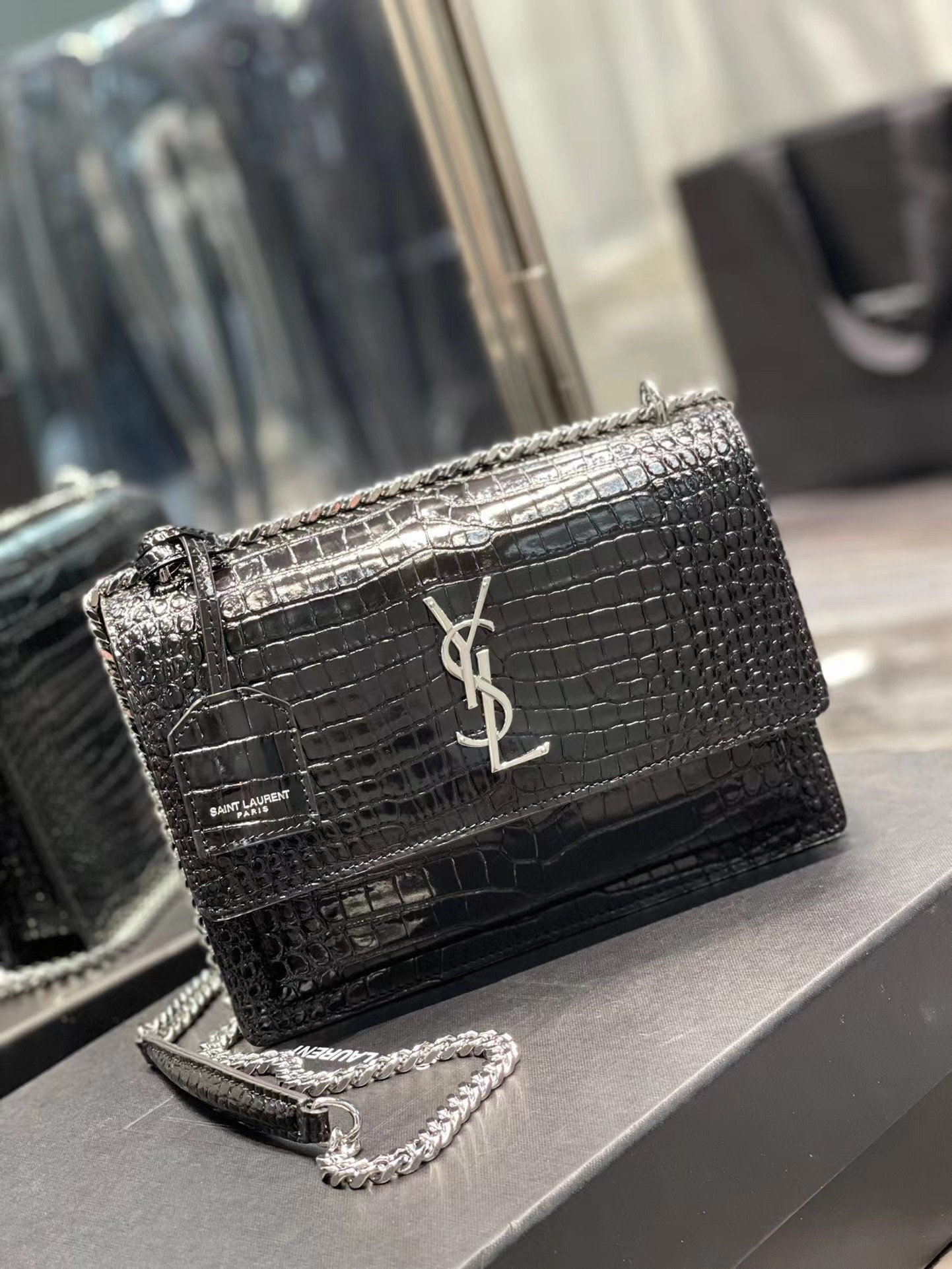 YSL Black Embossed Leather Shoulder Bag