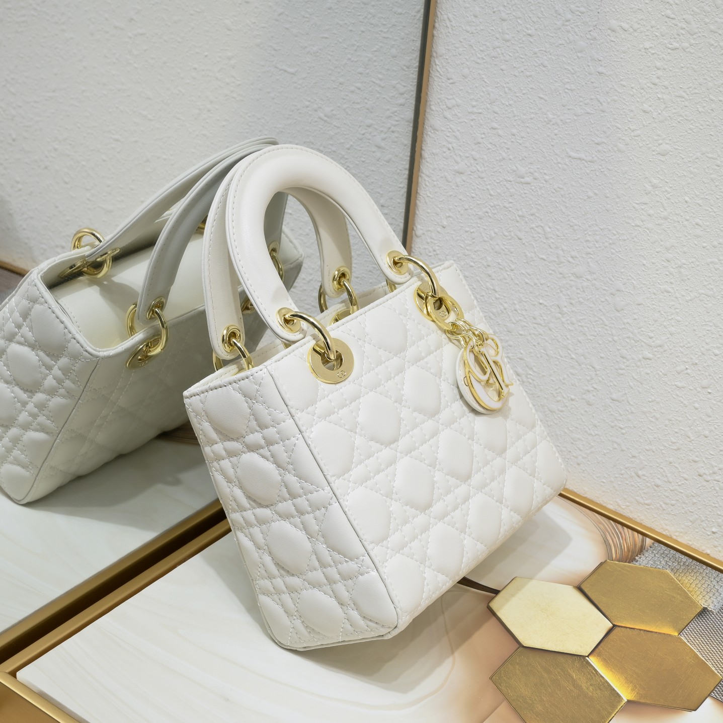Dior Small Lady Dior Bag White Cannage Calfskin Golden and White Paint Hardware - Bag
