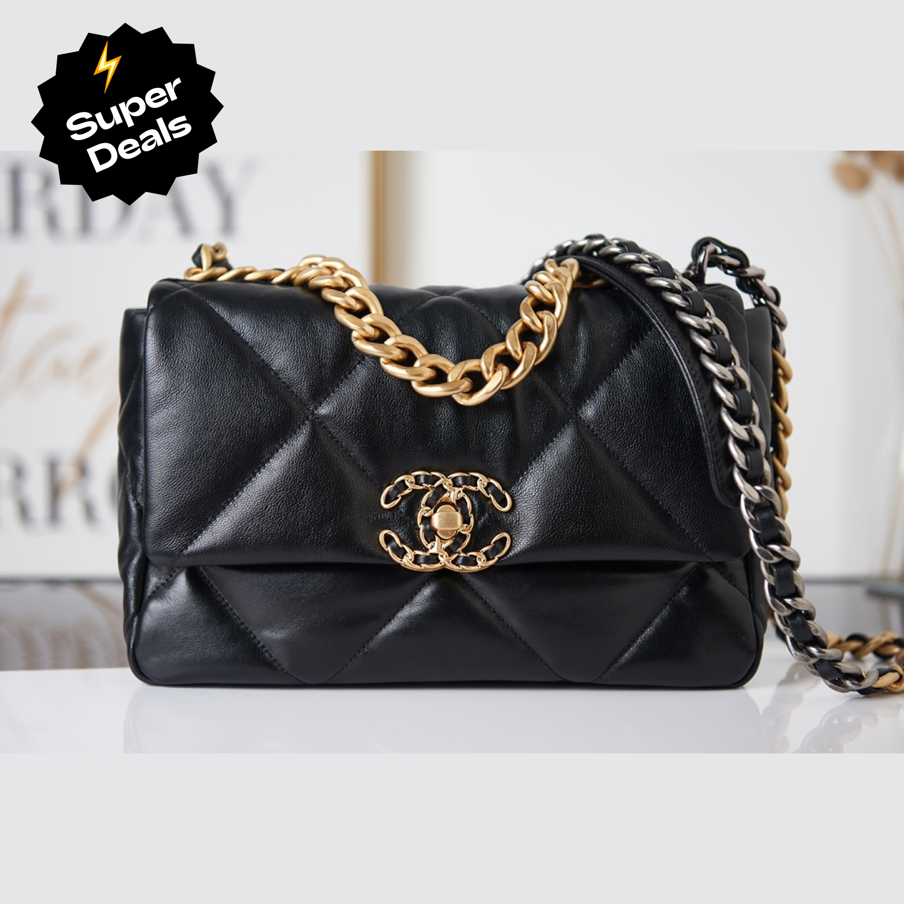 Chanel Calfskin Quilted Large Chanel 19 Flap Black -Golden - Bag