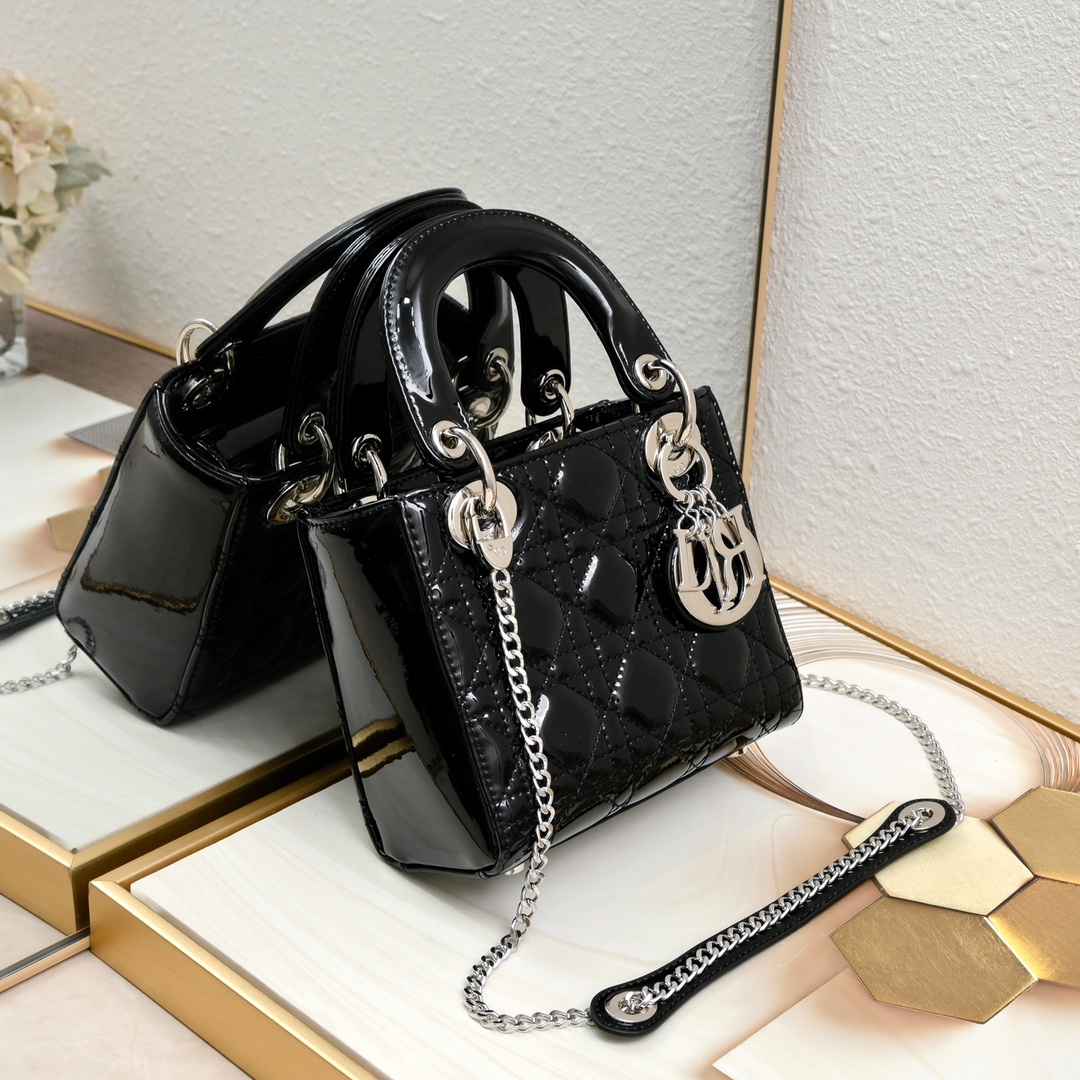 Dior Mini Lady Dior Bag Powder Black Patent Cannage Calfskin Golden Hardware - Bag