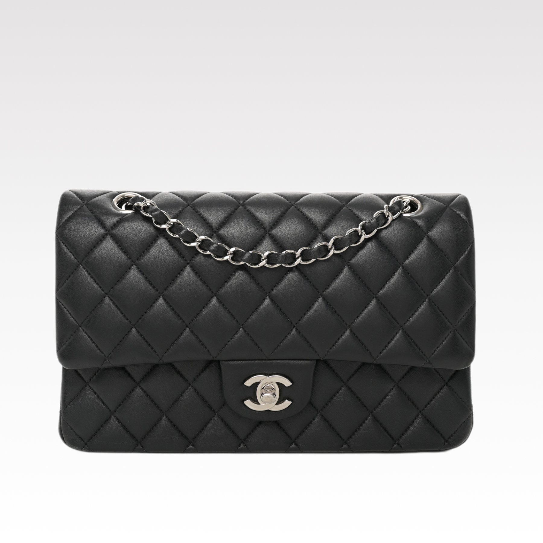 Chanel Classic Double Flag Bag Black Leather Silver Hardware Shoulder Bag