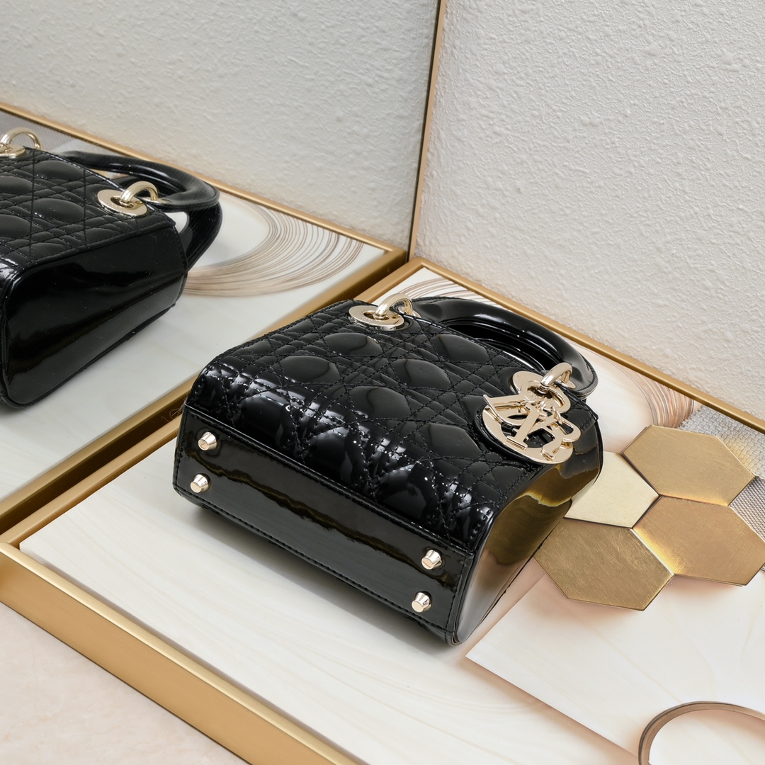 Dior Lady Dior Bag Powder Black Patent Cannage Calfskin Golden Hardware - Bag