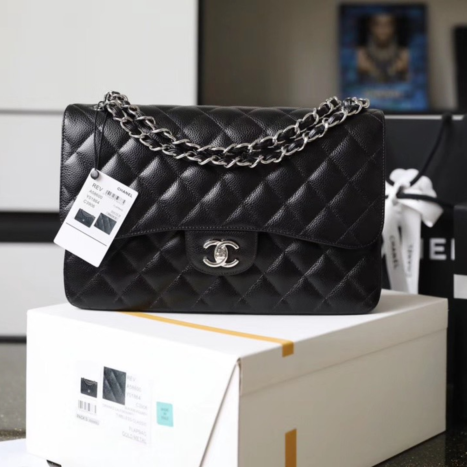 Chanel Classic Flag Bag Jumbo Classic Double Flap Bag Black Caviar Sliver Hardware - Bag