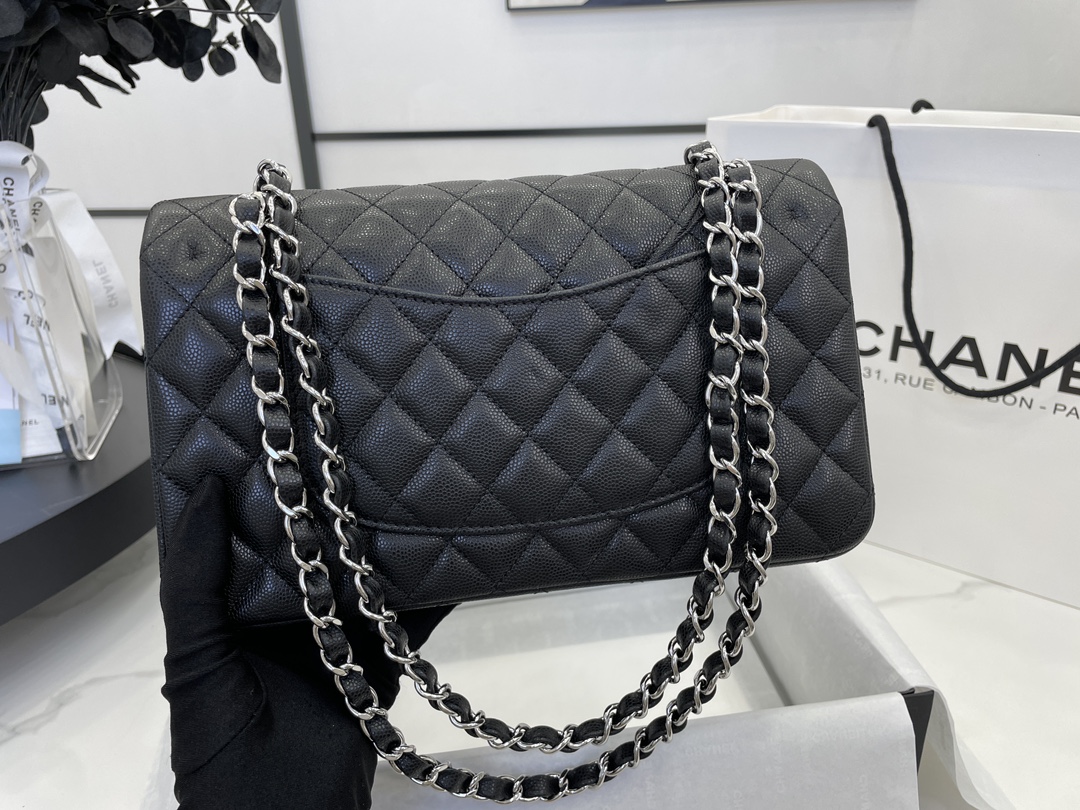 Chanel Classic Flag Bag Medium Classic Double Flap Bag SO Black Crumpled Calfskin Silver Hardware - Bag