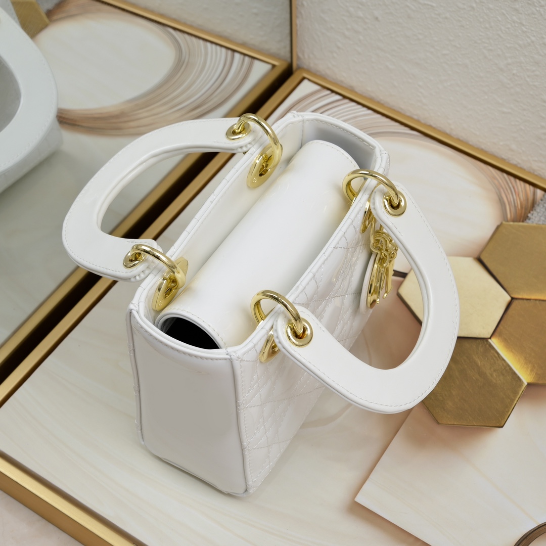 Dior Mini Lady Dior Bag Powder White Patent Cannage Calfskin Golden Hardware - Bag