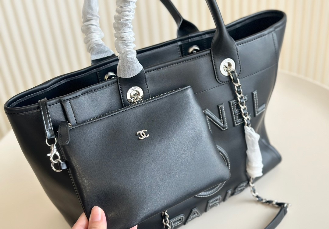 Chanel Shopping Tote Bag Mixed Fibres, Calfskin & Silver-Tone Metal-Black - Bag