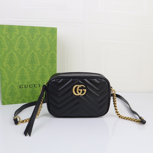 GUCCI Calfskin Matelasse Mini GG Marmont Chain Shoulder Bag Black - Bag