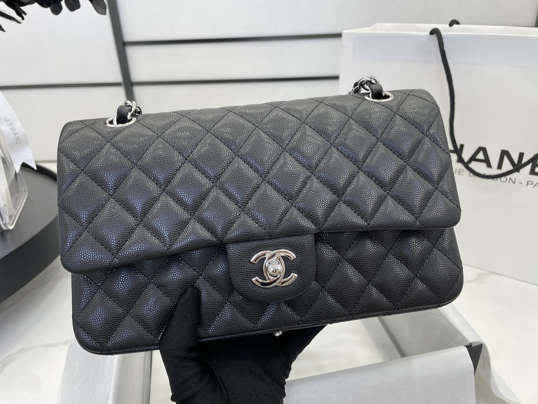 Chanel Classic Flag Bag Medium Classic Double Flap Bag SO Black Crumpled Calfskin Silver Hardware - Bag