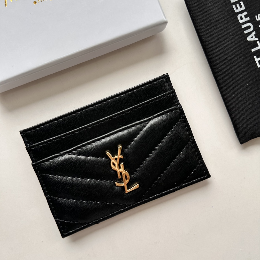 Saint Laurent CASSANDRE MATELASSÉ card case in lambskin -Black and Gold Wallet