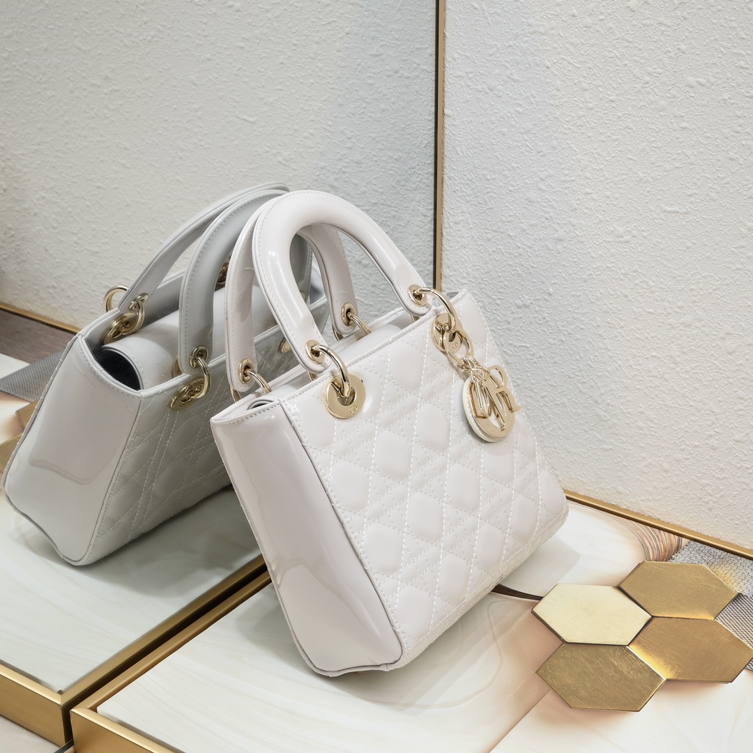 Dior Small Lady Dior Bag Powder White Patent Cannage Calfskin Golden Hardware - Bag
