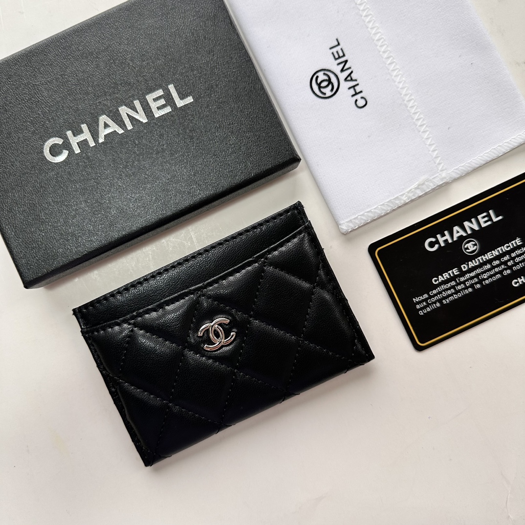 Chanel CLASSIC CARD HOLDER Grained Calfskin & Silver-Tone MetalBlack -Wallet