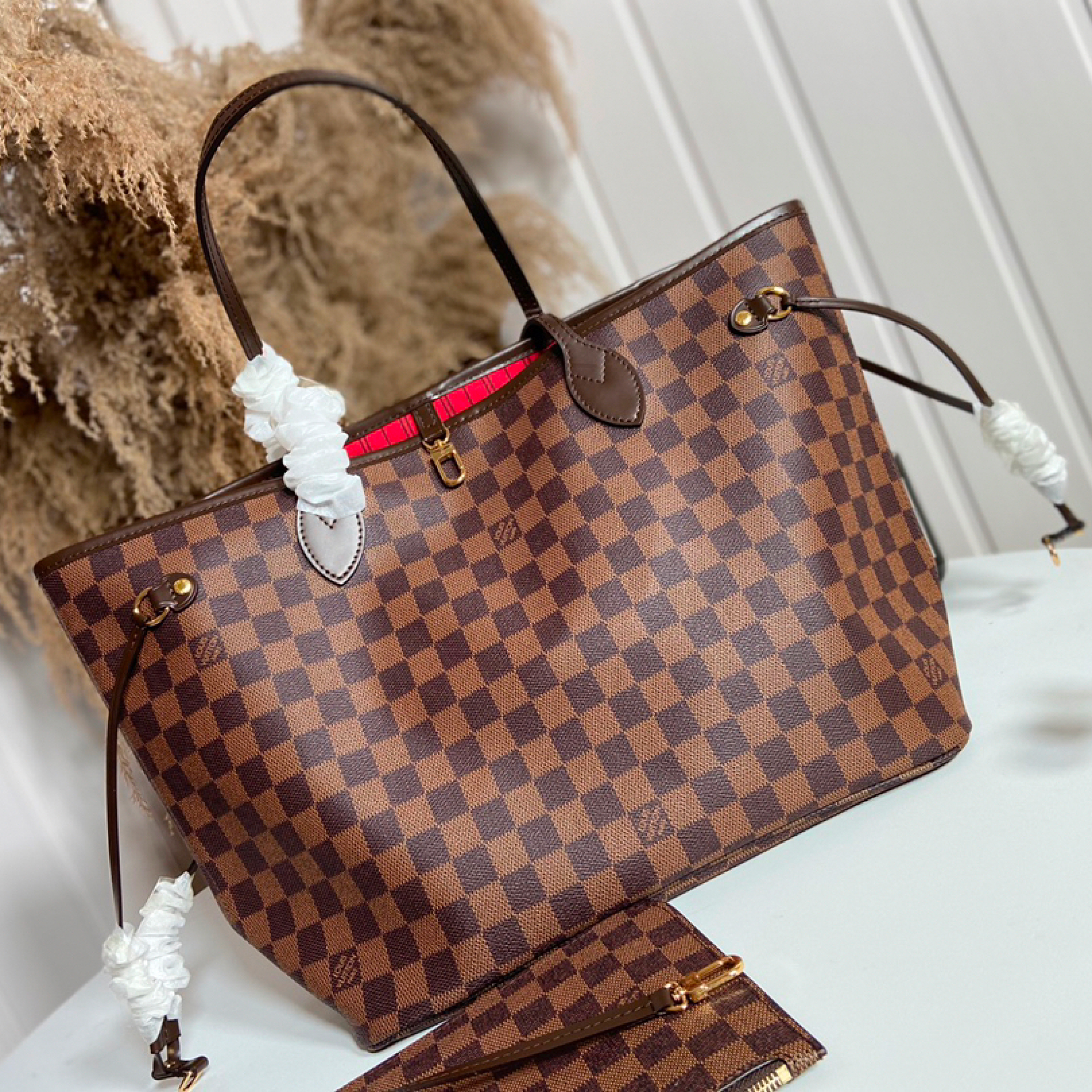 LOUIS VUITTON LV Damier Ebene Canvas Neverfull MM Rose Ballerine - Bag