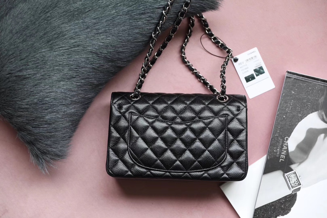 Chanel Classic Flag Bag Small Classic Double Flap Black Calfskin Silver Hardware - Bag