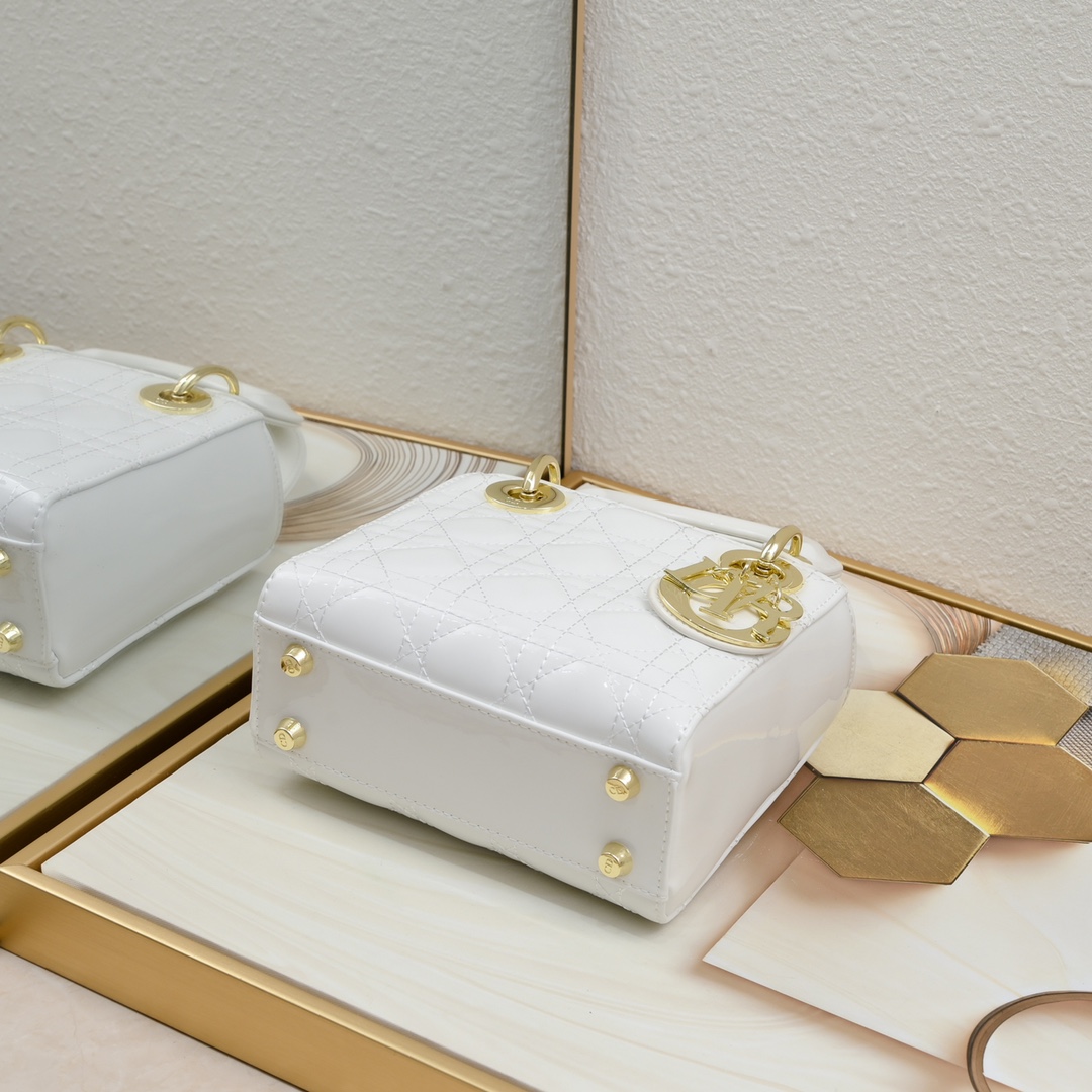 Dior Mini Lady Dior Bag Powder White Patent Cannage Calfskin Golden Hardware - Bag
