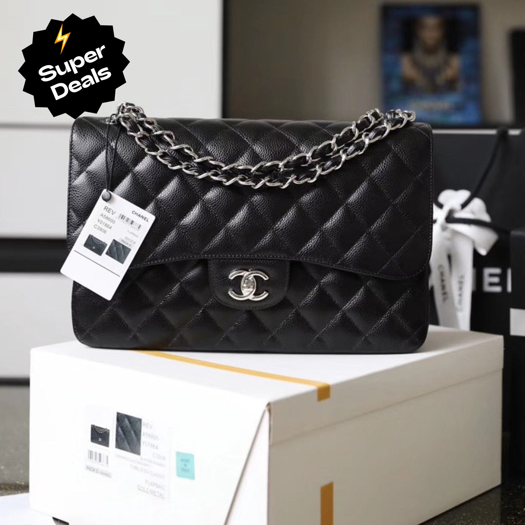Chanel Classic Flag Bag Jumbo Classic Double Flap Bag Black Caviar Sliver Hardware - Bag