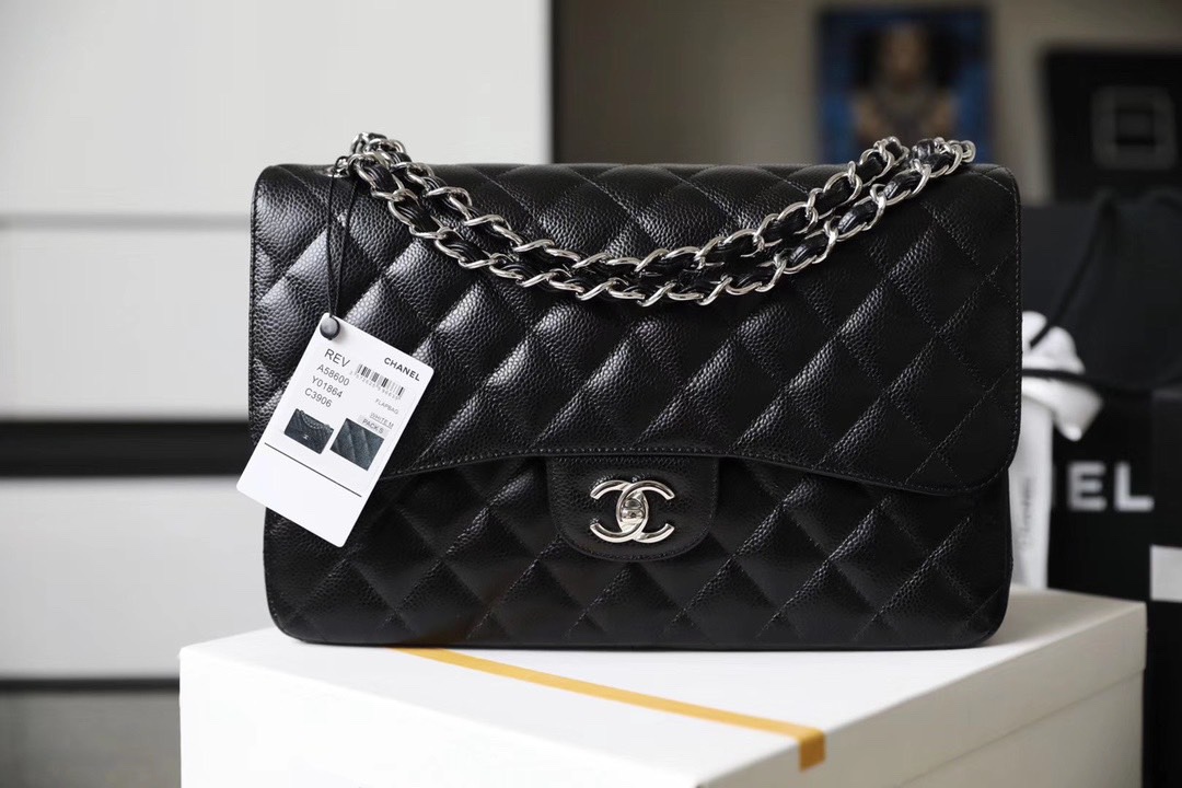 Chanel Classic Flag Bag Jumbo Classic Double Flap Bag Black Caviar Sliver Hardware - Bag