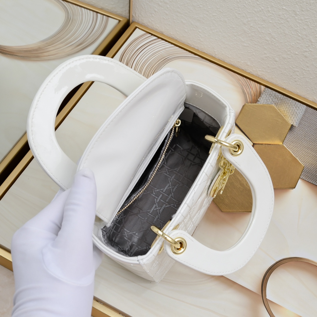 Dior Mini Lady Dior Bag Powder White Patent Cannage Calfskin Golden Hardware - Bag