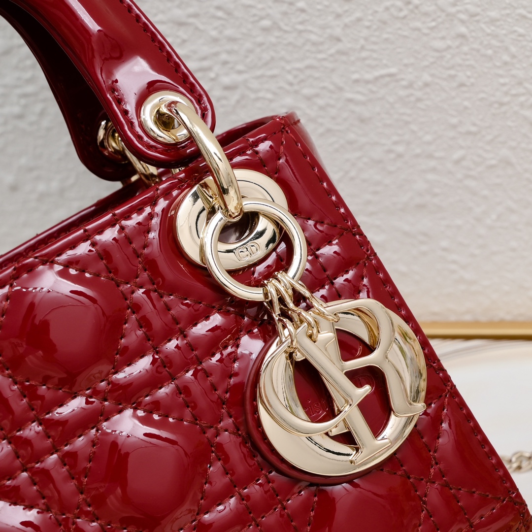 Dior Mini Lady Dior Bag Powder Cherry Red Patent Cannage Calfskin Golden Hardware - Bag