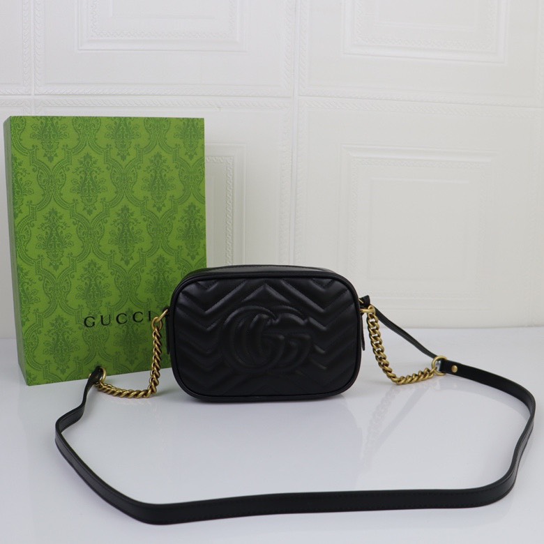 GUCCI Calfskin Matelasse Mini GG Marmont Chain Shoulder Bag Black - Bag