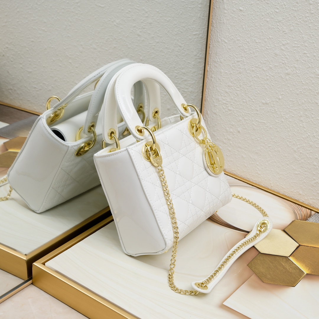 Dior Mini Lady Dior Bag Powder White Patent Cannage Calfskin Golden Hardware - Bag
