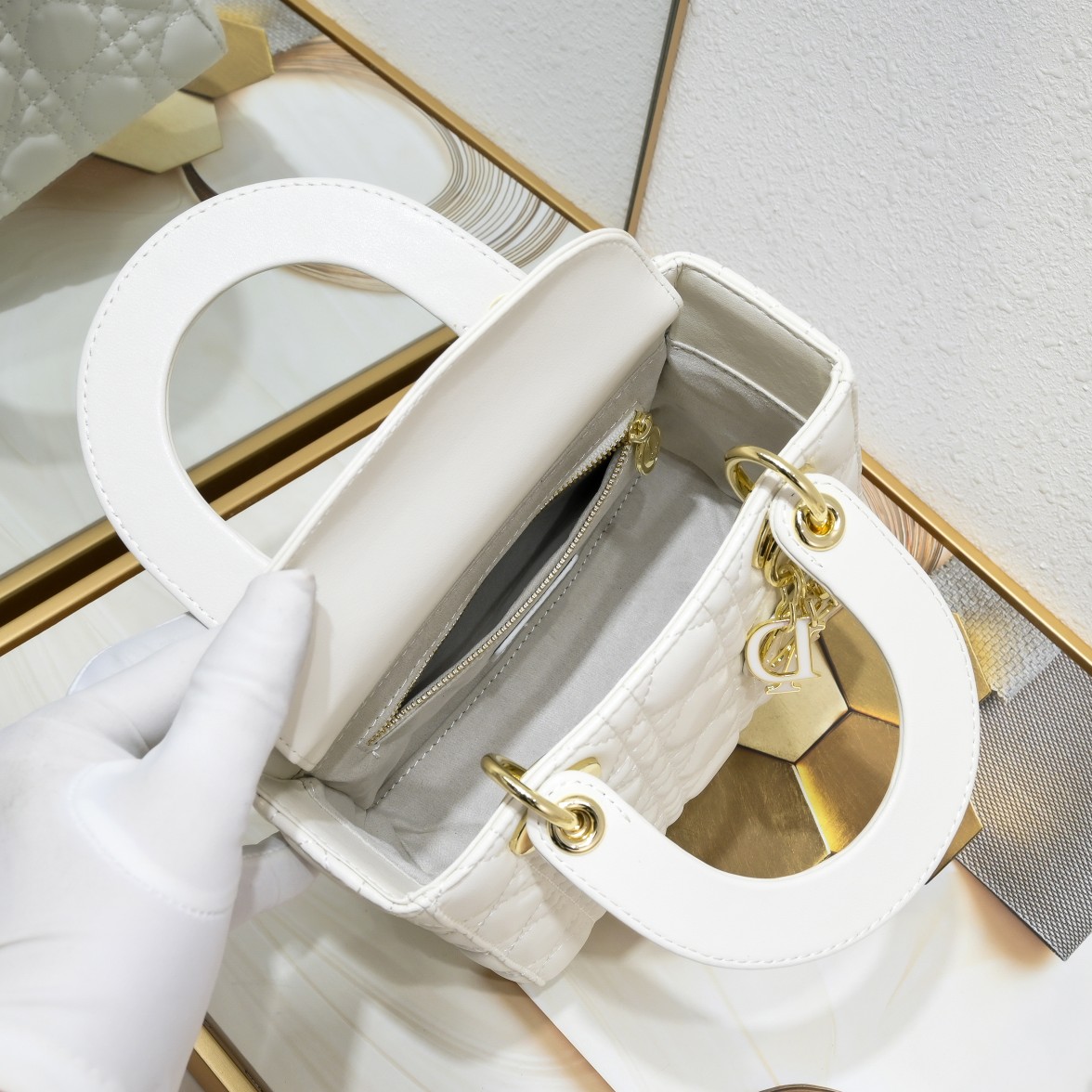 Dior Small Lady Dior Bag White Cannage Calfskin Golden and White Paint Hardware - Bag