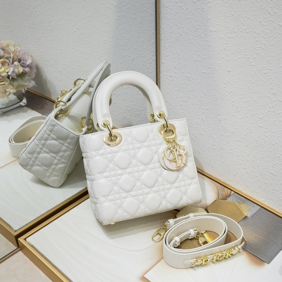 Dior Small Lady Dior Bag White Cannage Calfskin Golden and White Paint Hardware - Bag