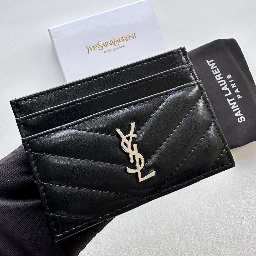 Saint Laurent CASSANDRE MATELASSÉ card case in lambskin -Black and Silver Wallet
