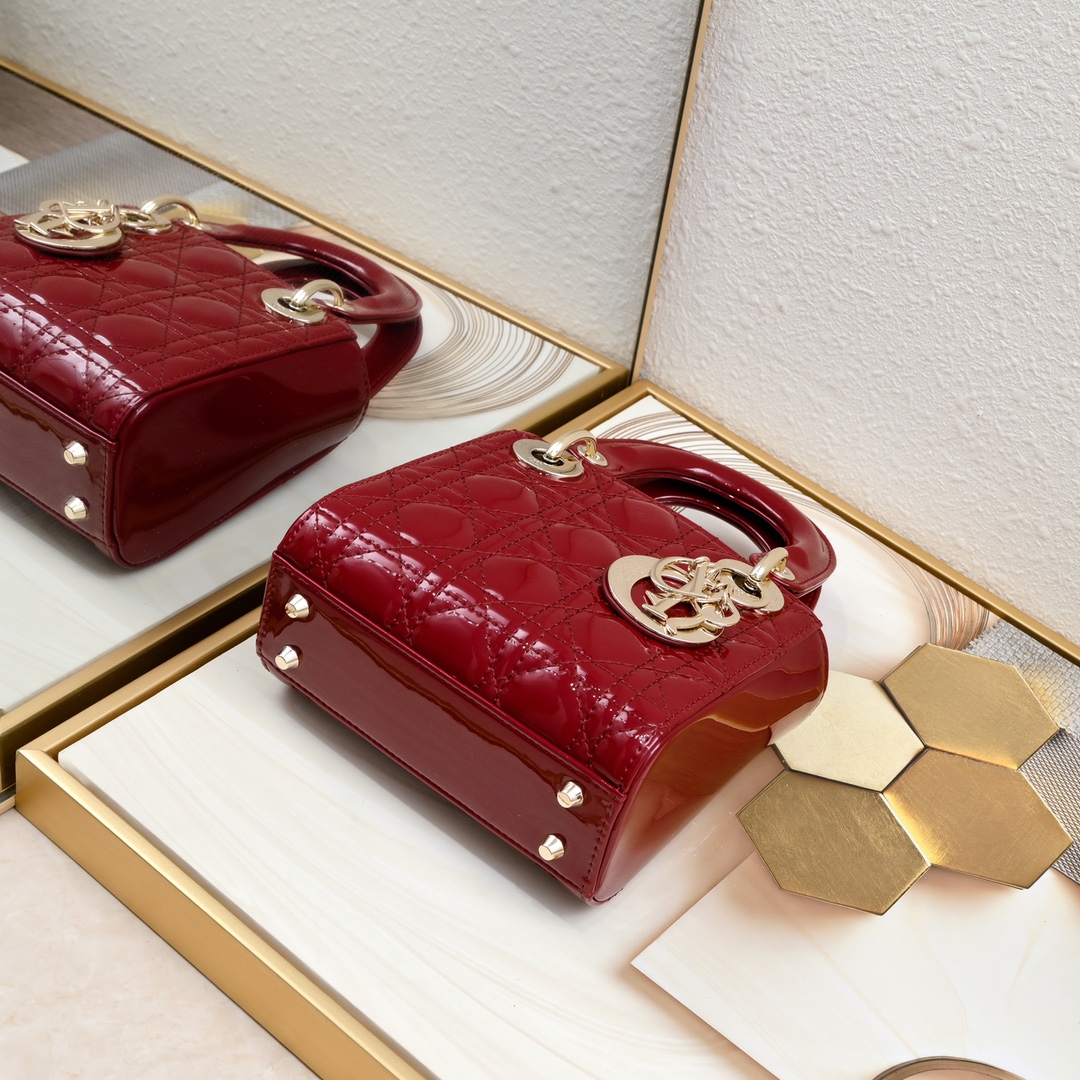 Dior Mini Lady Dior Bag Powder Cherry Red Patent Cannage Calfskin Golden Hardware - Bag