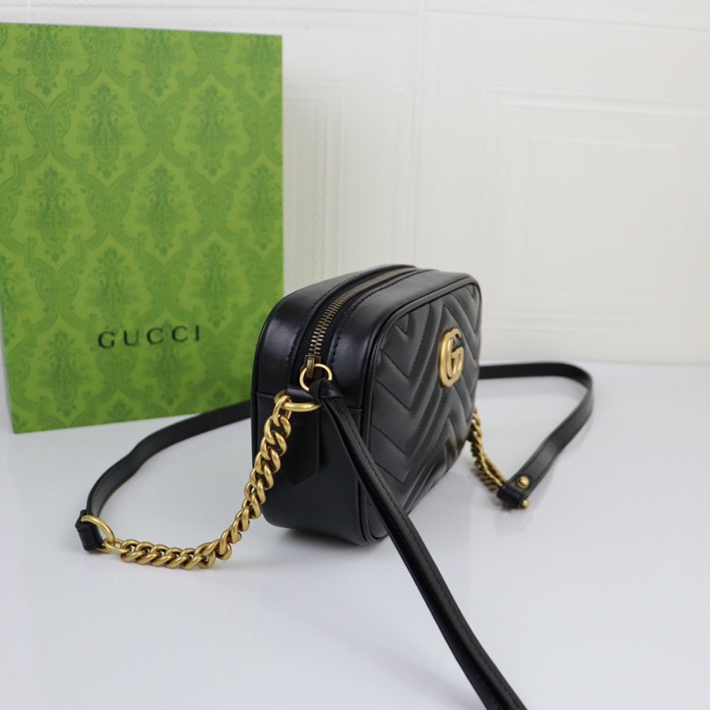 GUCCI Calfskin Matelasse Mini GG Marmont Chain Shoulder Bag Black - Bag