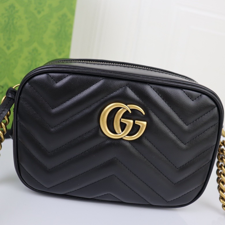 GUCCI Calfskin Matelasse Mini GG Marmont Chain Shoulder Bag Black - Bag