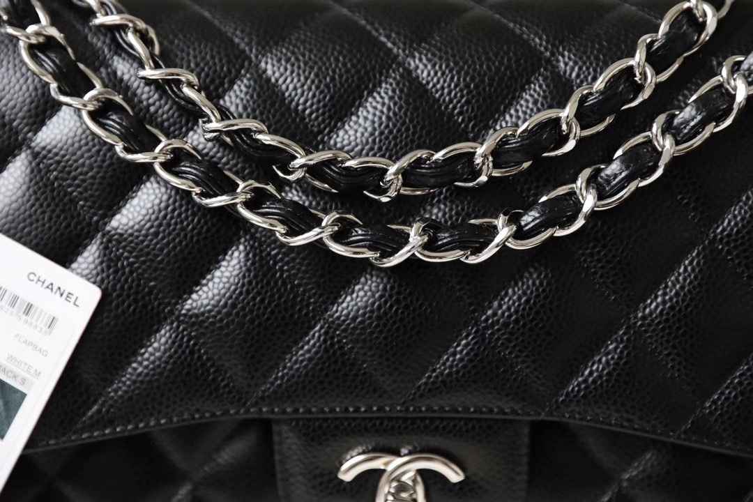 Chanel Classic Flag Bag Jumbo Classic Double Flap Bag Black Caviar Sliver Hardware - Bag