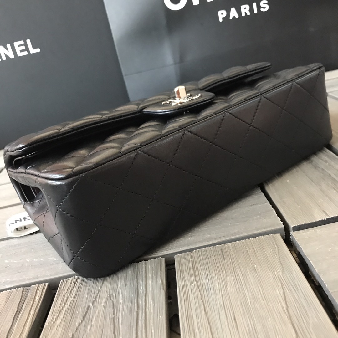 Chanel Classic Double Flag Bag Black Leather Silver Hardware Shoulder Bag