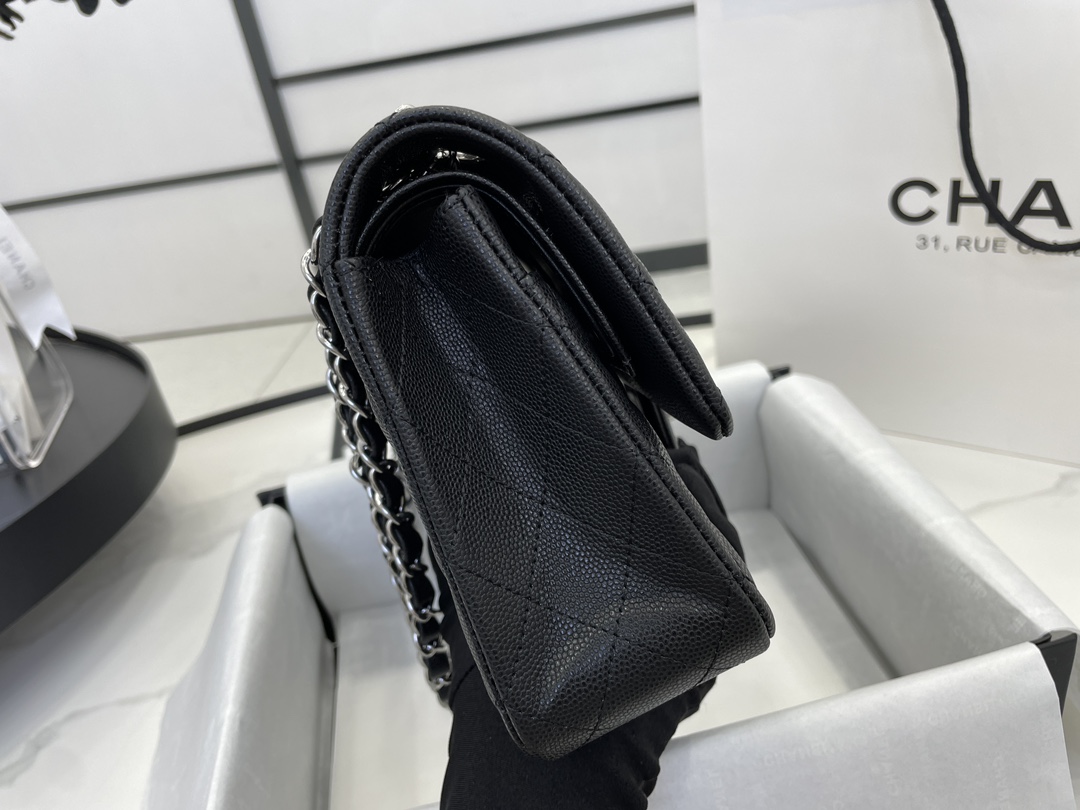 Chanel Classic Flag Bag Medium Classic Double Flap Bag SO Black Crumpled Calfskin Silver Hardware - Bag