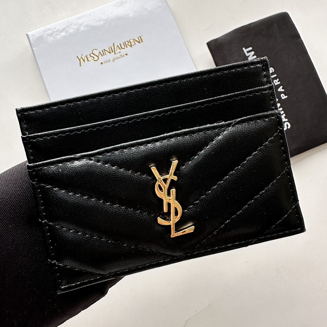 Saint Laurent CASSANDRE MATELASSÉ card case in lambskin -Black and Gold Wallet