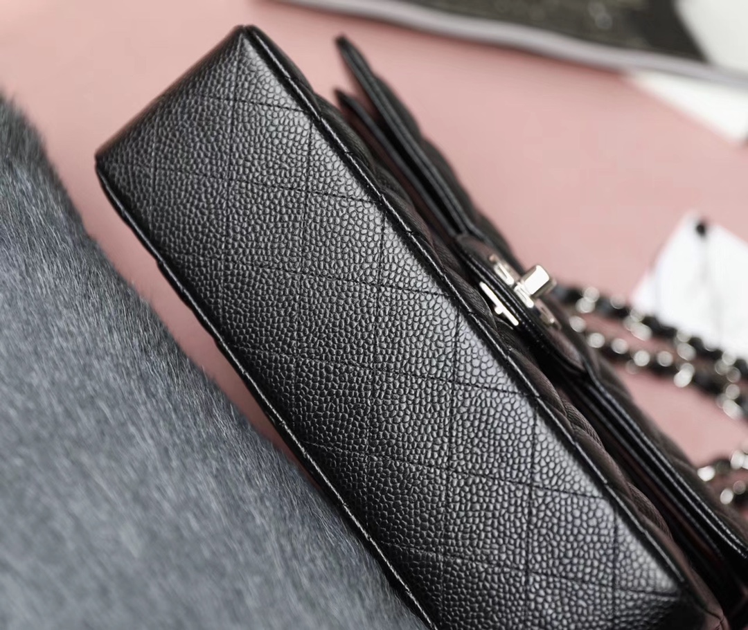 Chanel Classic Flag Bag Small Classic Double Flap Black Calfskin Silver Hardware - Bag