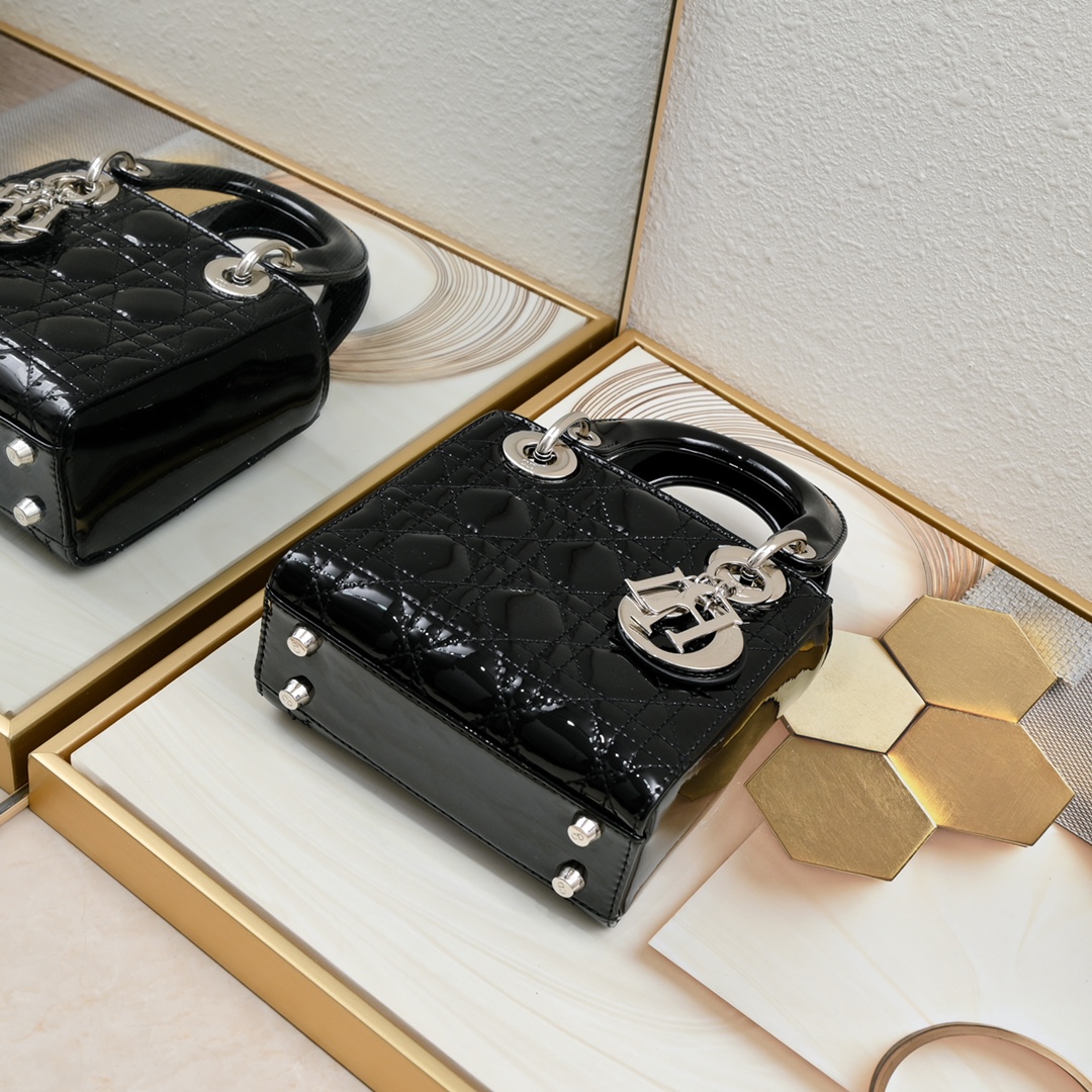 Dior Mini Lady Dior Bag Powder Black Patent Cannage Calfskin Golden Hardware - Bag