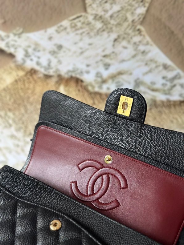 Chanel Classic Flag Bag Medium Classic Double Flap Bag Black Caviar Gold Hardware - Bag