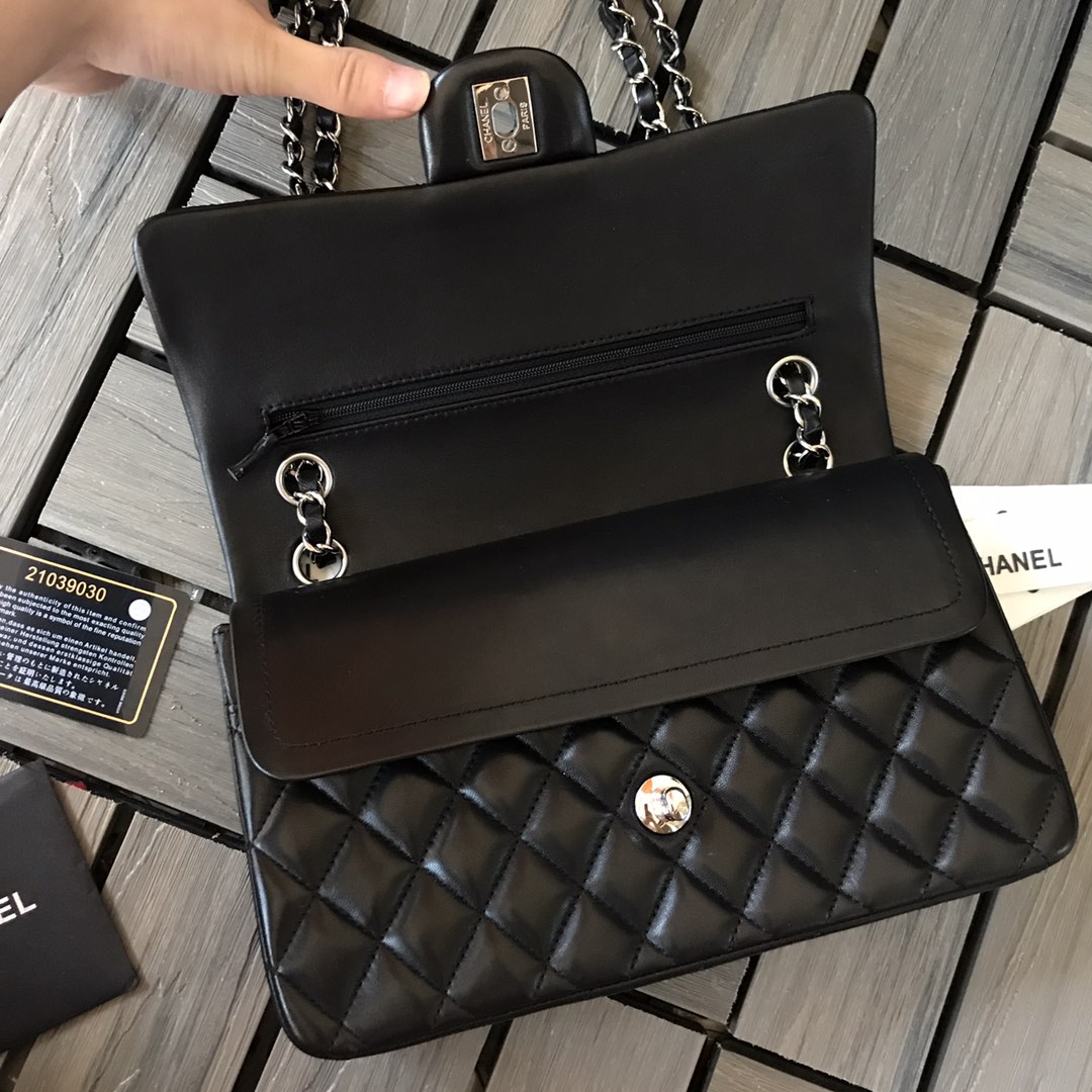Chanel Classic Double Flag Bag Black Leather Silver Hardware Shoulder Bag