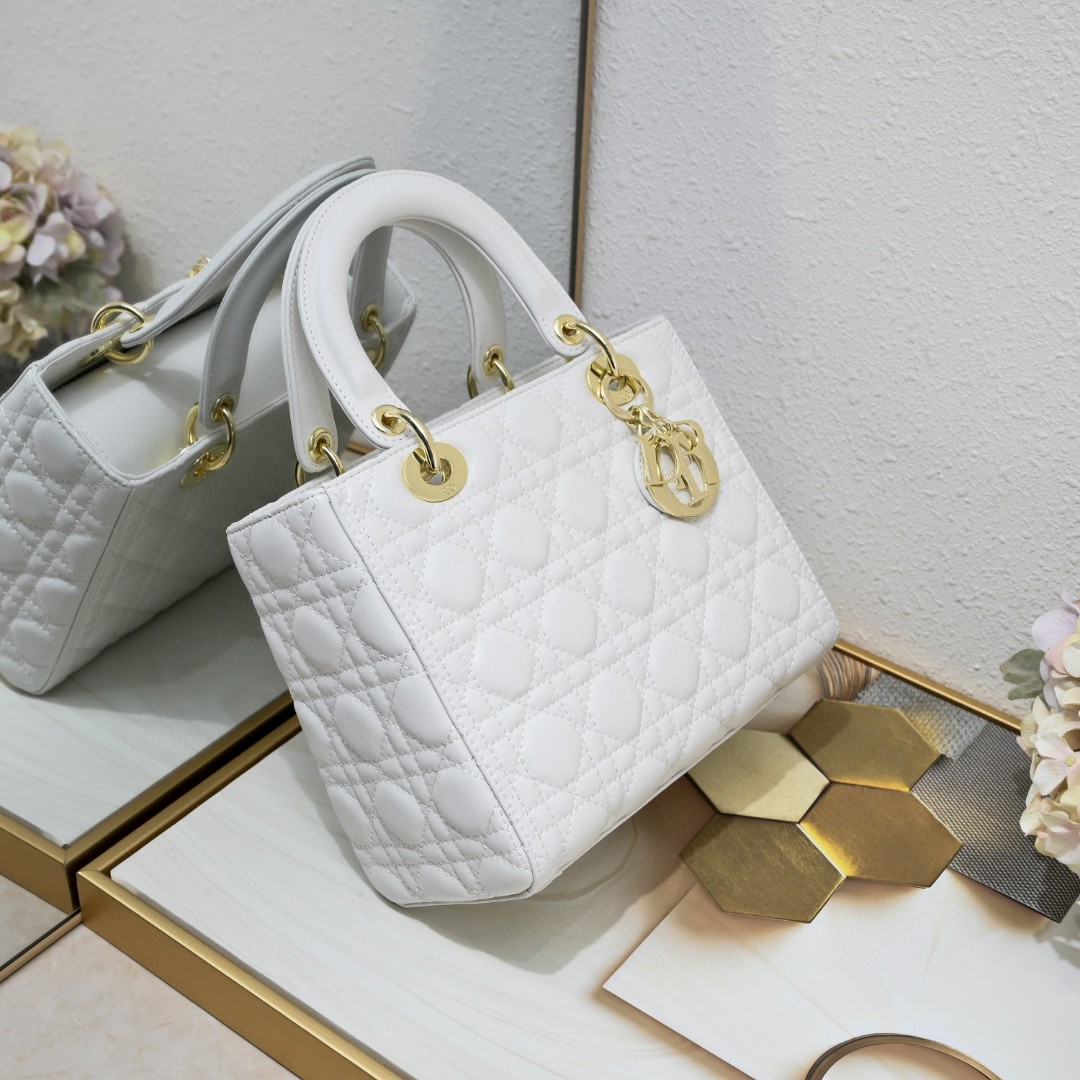 Dior Medium Lady Dior Bag White Cannage Calfskin Golden Hardware - Bag
