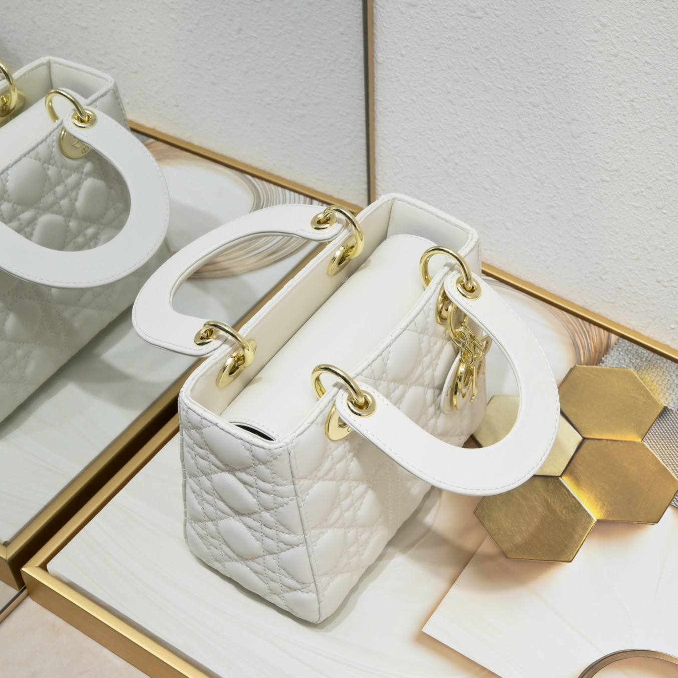 Dior Small Lady Dior Bag White Cannage Calfskin Golden and White Paint Hardware - Bag