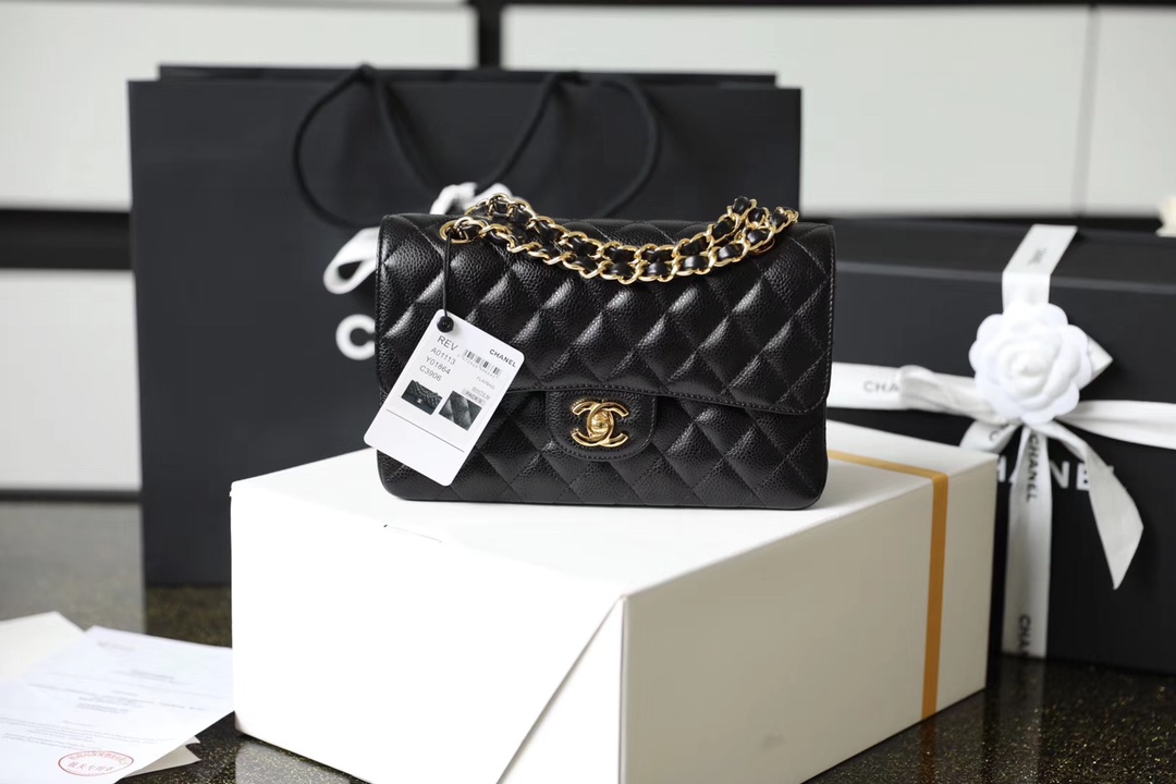 Chanel Classic Flag Bag Small Classic Double Flap Black Caviar Gold Hardware - Bag