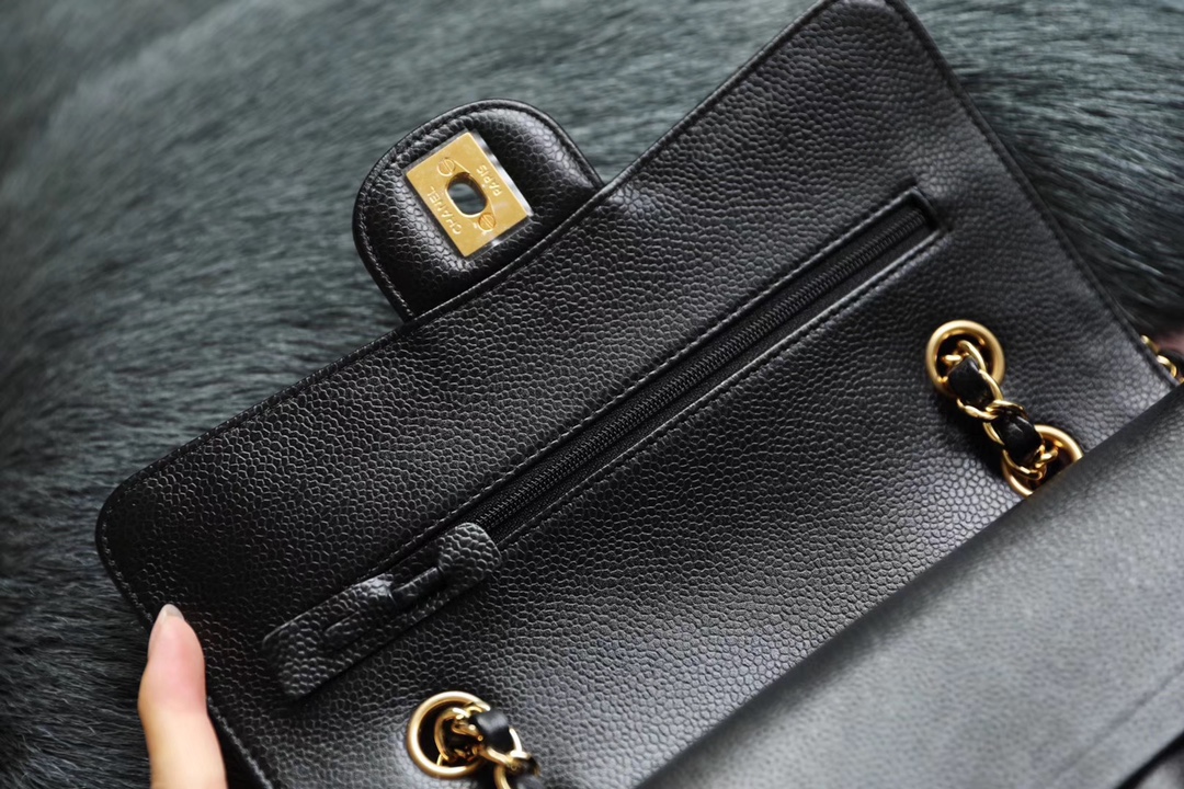Chanel Classic Flag Bag Small Classic Double Flap Black Caviar Gold Hardware - Bag