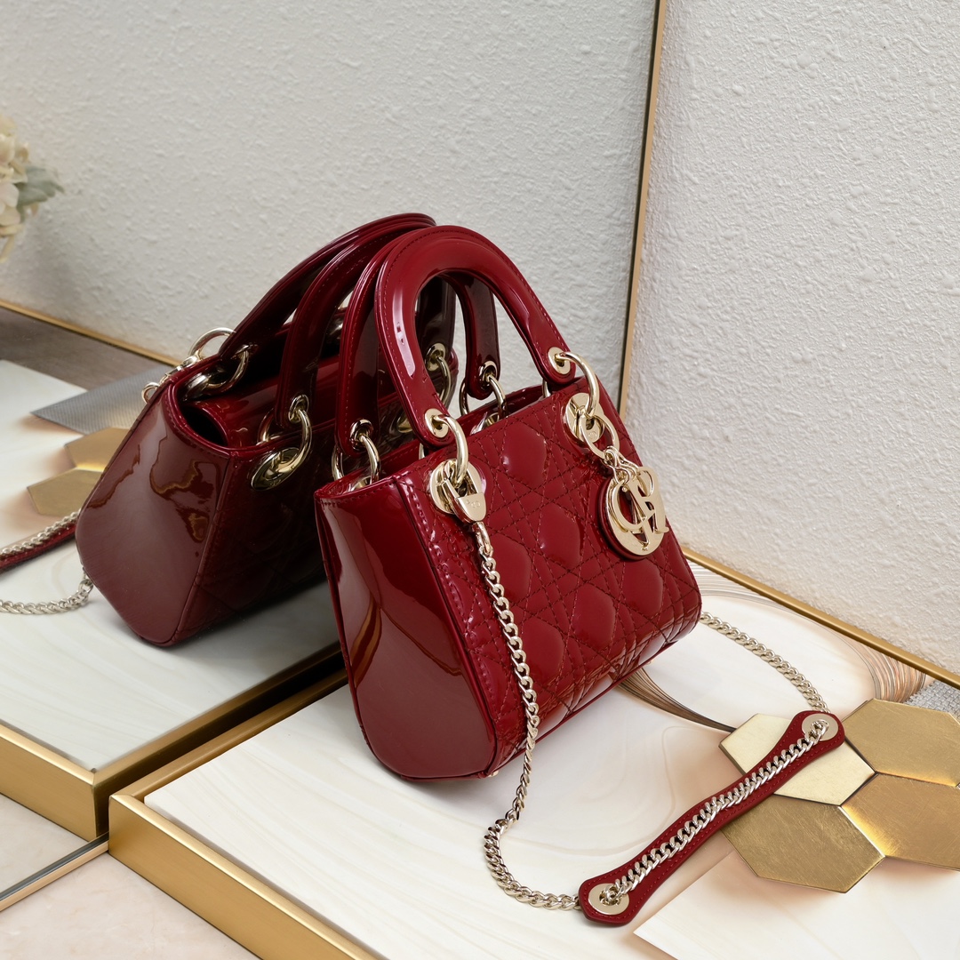 Dior Mini Lady Dior Bag Powder Cherry Red Patent Cannage Calfskin Golden Hardware - Bag