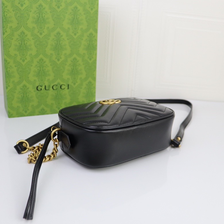 GUCCI Calfskin Matelasse Mini GG Marmont Chain Shoulder Bag Black - Bag