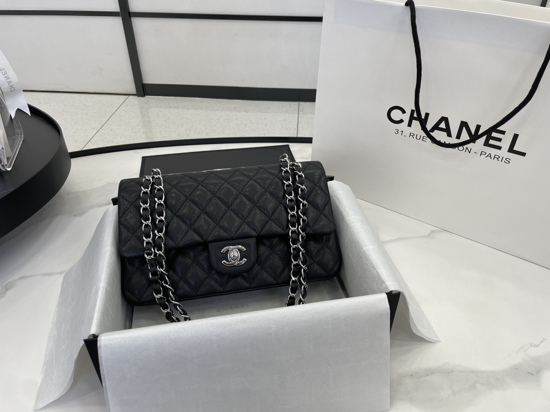 Chanel Classic Flag Bag Medium Classic Double Flap Bag SO Black Crumpled Calfskin Silver Hardware - Bag