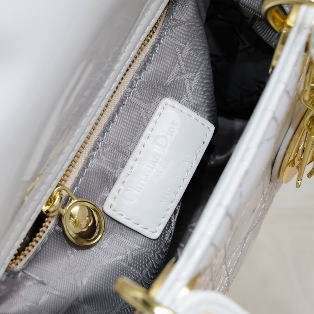Dior Mini Lady Dior Bag Powder White Patent Cannage Calfskin Golden Hardware - Bag