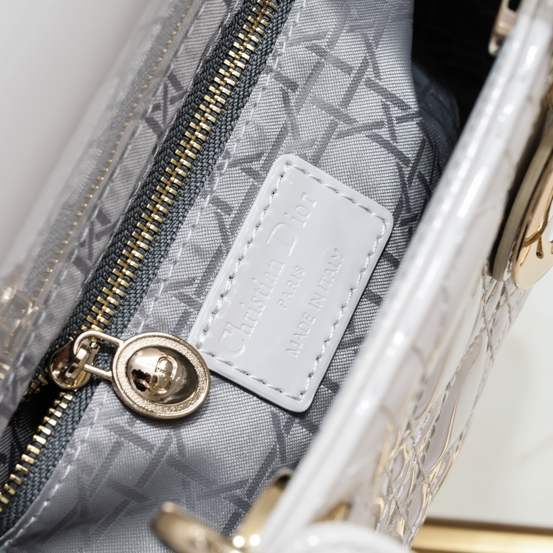 Dior Small Lady Dior Bag Powder White Patent Cannage Calfskin Golden Hardware - Bag