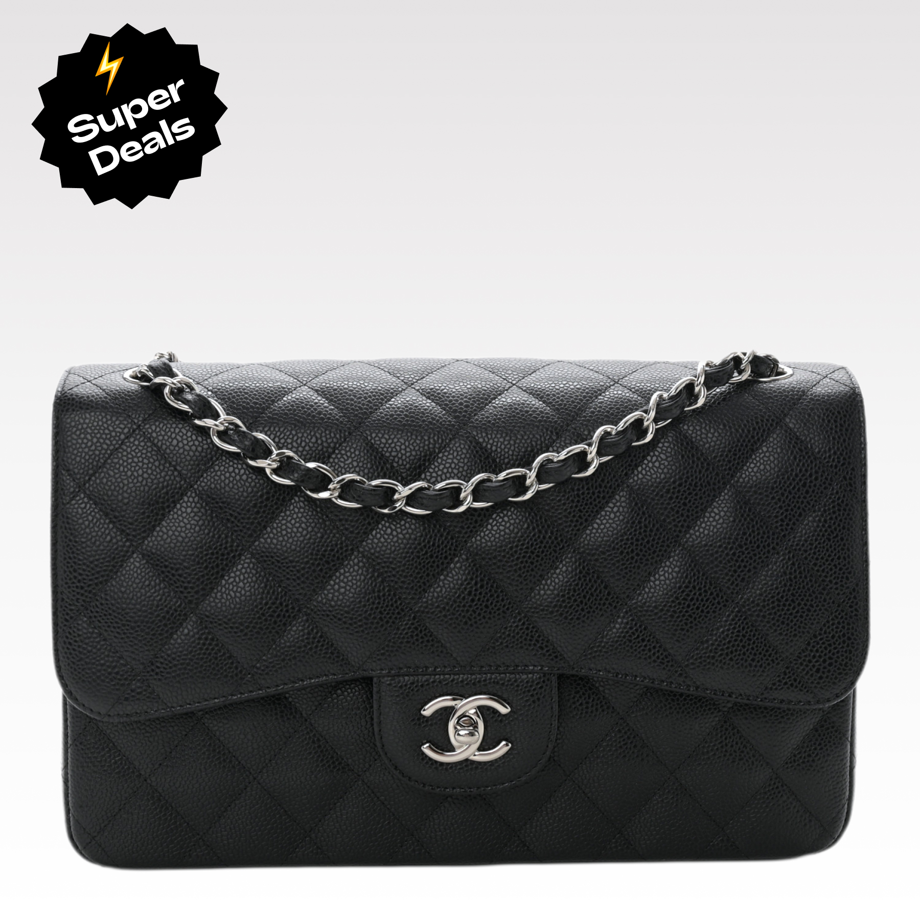 Chanel Classic Flag Bag Jumbo Classic Double Flap Bag Black Caviar Sliver Hardware - Bag